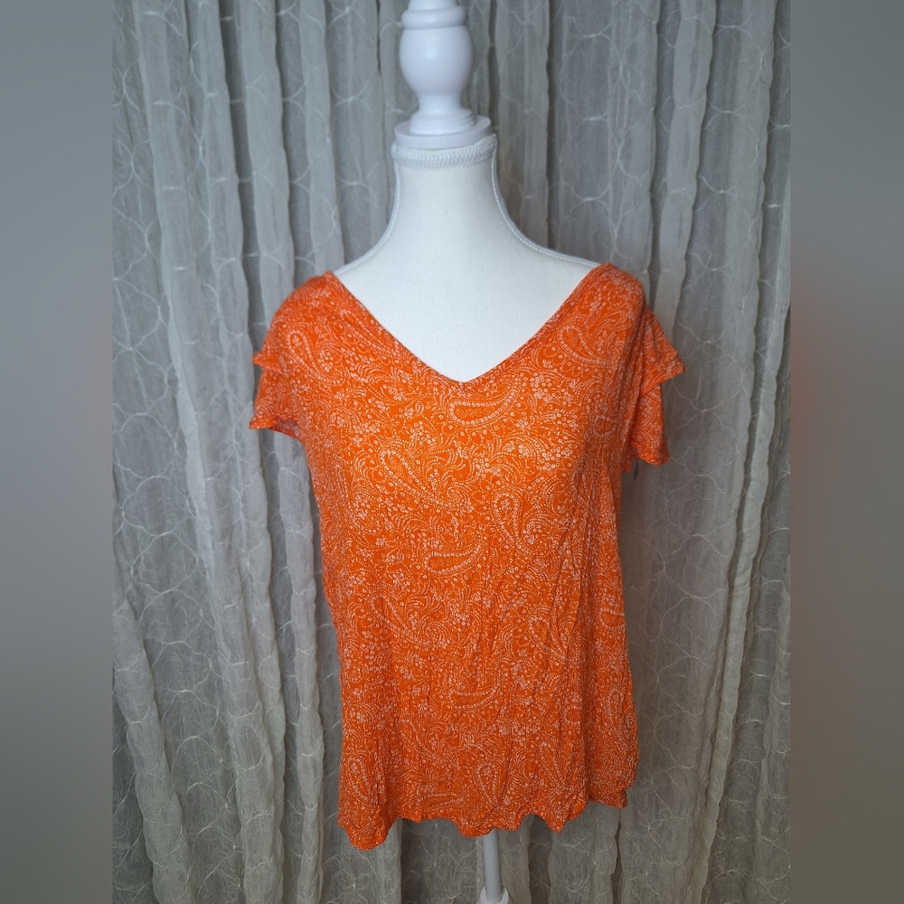 Old Navy Orange Paisley V Neck Flutter Ruffel Short Sleeve Top Blouse Large